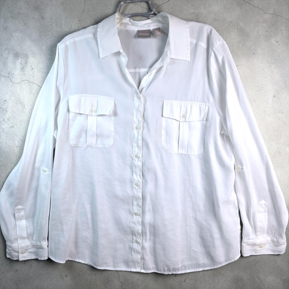 Chicos White Modal Blend Button Down Roll Tab Sleeve Shirt Size 3 Large XL - Picture 2 of 8